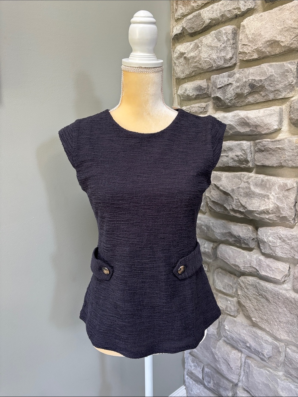 Ann Taylor Navy Blue Textured Cap-Sleeve   Top, NWT, XS